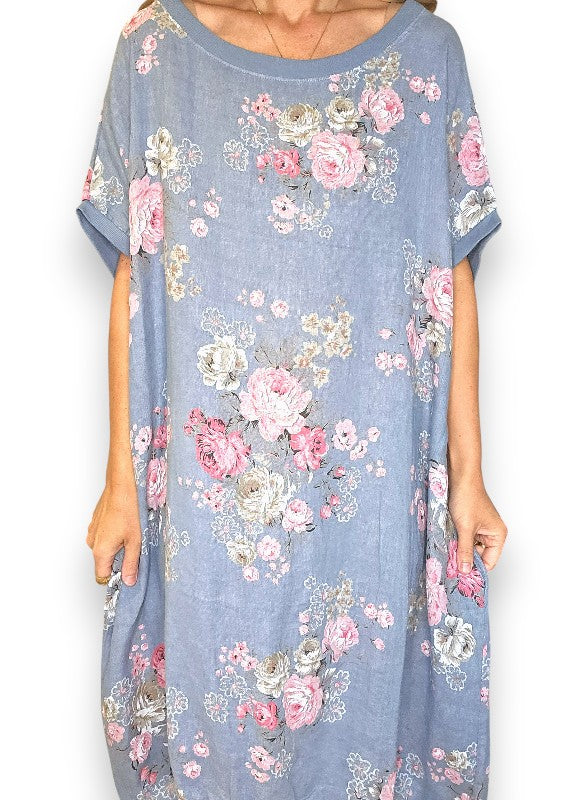 Linen High Tea Dress - Italian - Coastal Blue