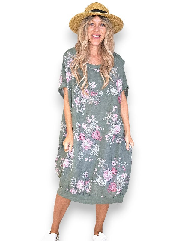 Linen High Tea Dress - Italian - Forest