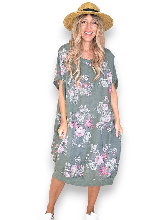 Linen High Tea Dress - Italian - Forest