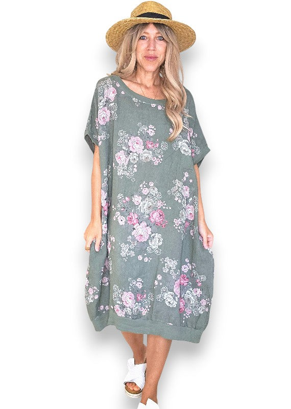 Linen High Tea Dress - Italian - Forest