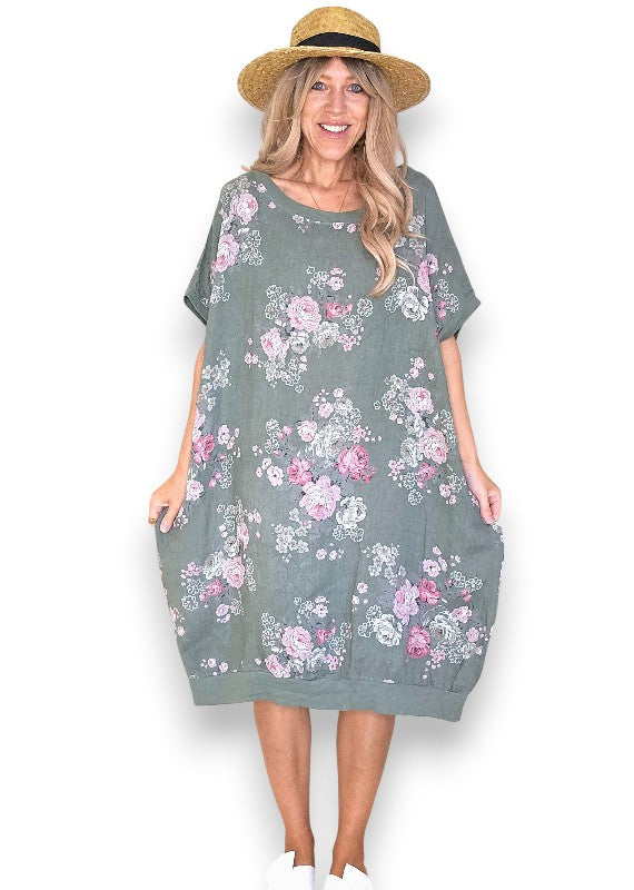Linen High Tea Dress - Italian - Forest