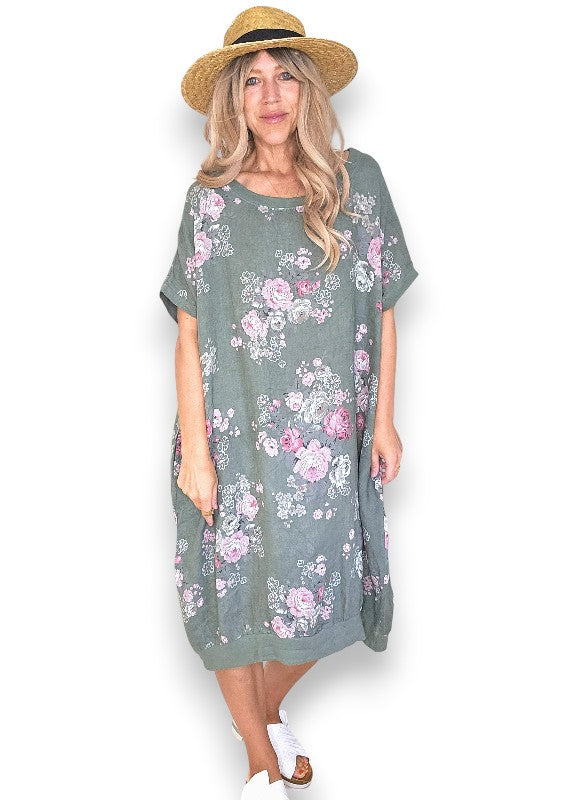 Linen High Tea Dress - Italian - Forest