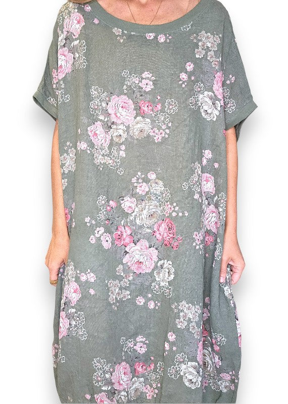 Linen High Tea Dress - Italian - Forest