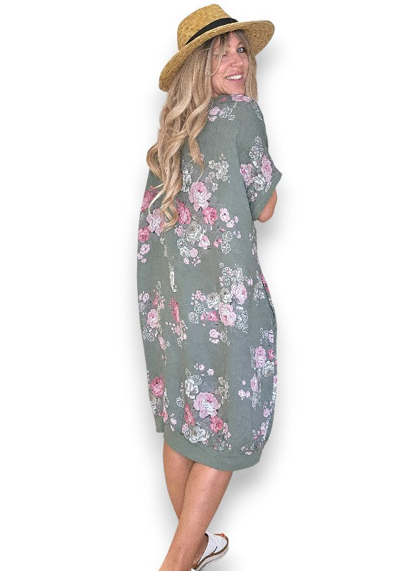 Linen High Tea Dress - Italian - Forest
