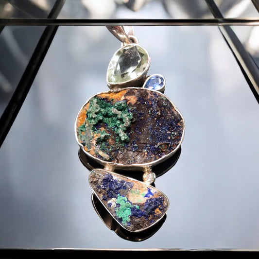 Azurite Malachite Green Amethyst Aquamarine FreeForm Pendant