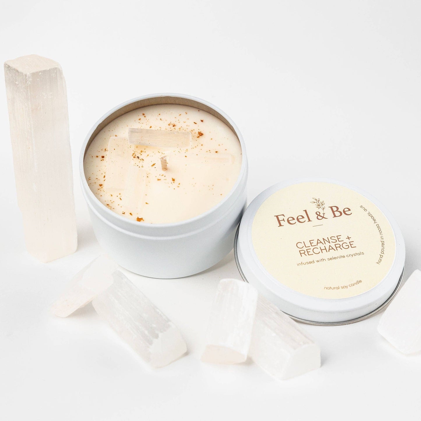 Selenite Candle - CLEANSE AND RECHARGE - Vanilla, Patchouli & Sandalwood: Glass (comes in a box)