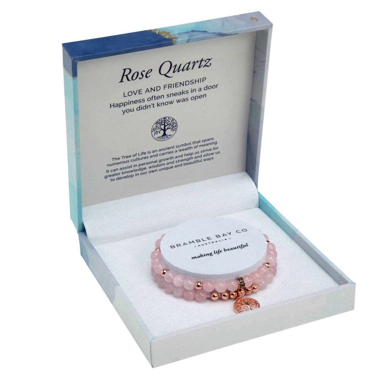 Rose Quartz with Rose Gold Plated Tree of Life Charm Duo Bracelet Set