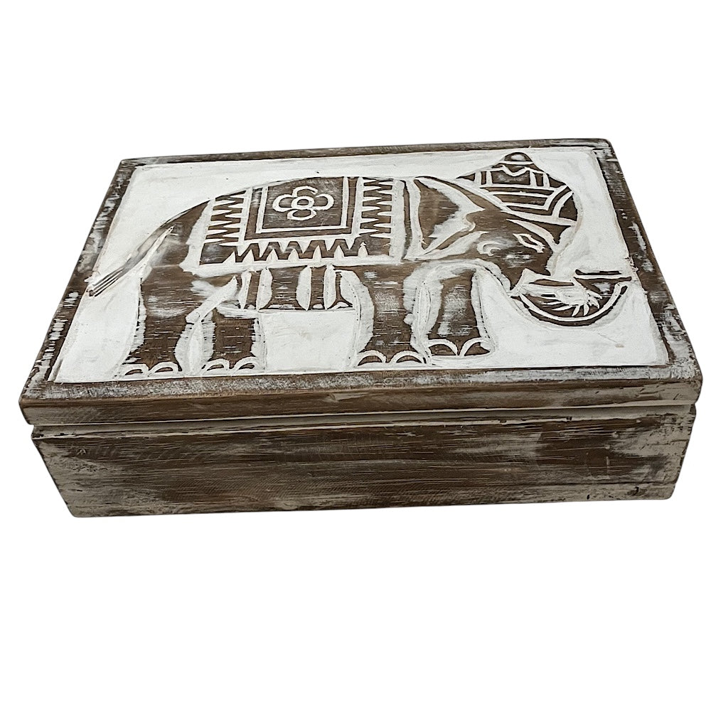Elephant Trinket Box in White Wood
