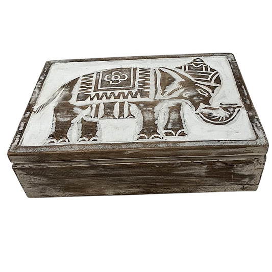 Elephant Trinket Box in White Wood