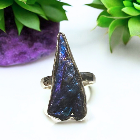 Kyanite Aura Feathers Ring in Silver