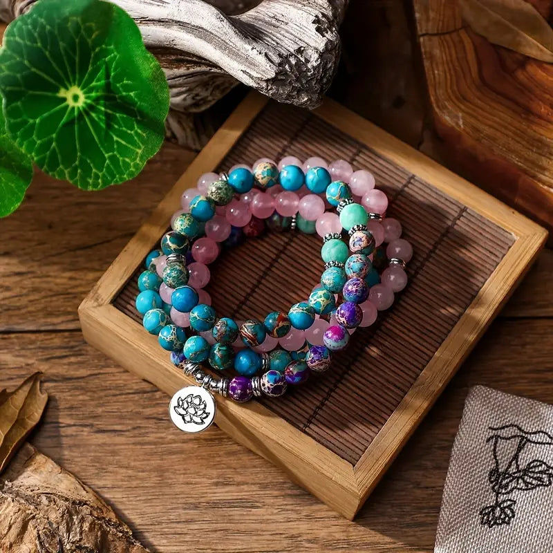 Bohemian Style Rose Quartz & Turquoise Mala Necklace