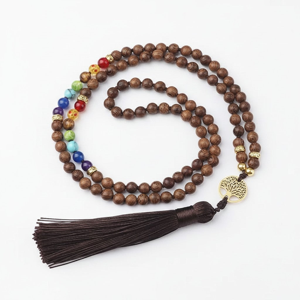 Wood Mala Beads 108 Prayer Beads with Chakra crystals and Alloy Tree Of Life Amulet