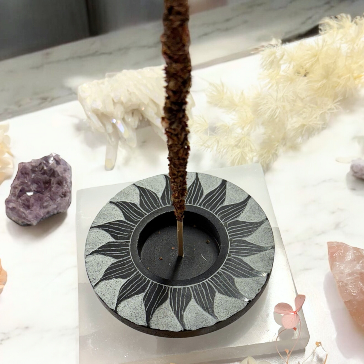 Incense Tealight Holder Black Sun Soapstone
