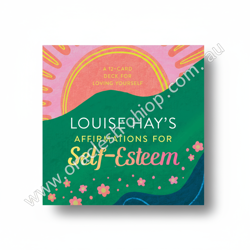 Card deck cover for 'Louise Hay's Affirmations for Self-Esteem' with colorful design on a textured background.