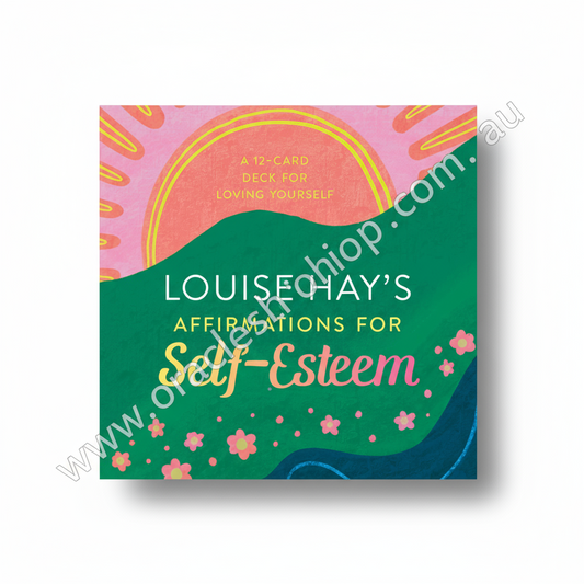 Card deck cover for 'Louise Hay's Affirmations for Self-Esteem' with colorful design on a textured background.