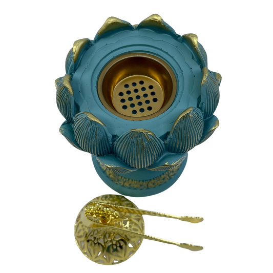 Incense Charcoal & Resin Burner LOTUS on Stand BLUE