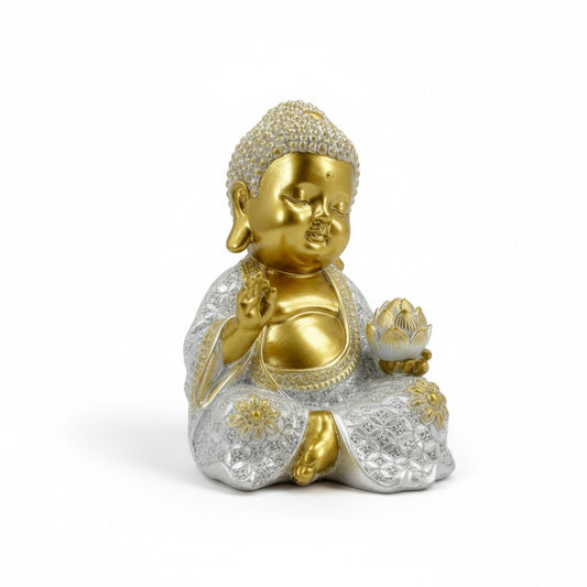 Sitting Buddha Statue in White Pearlized Finish Holding Lotus