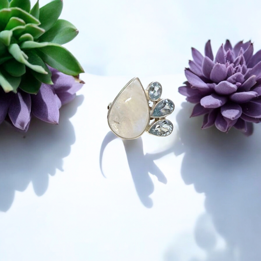 Rainbow Moonstone & Blue Topaz Ring in Silver