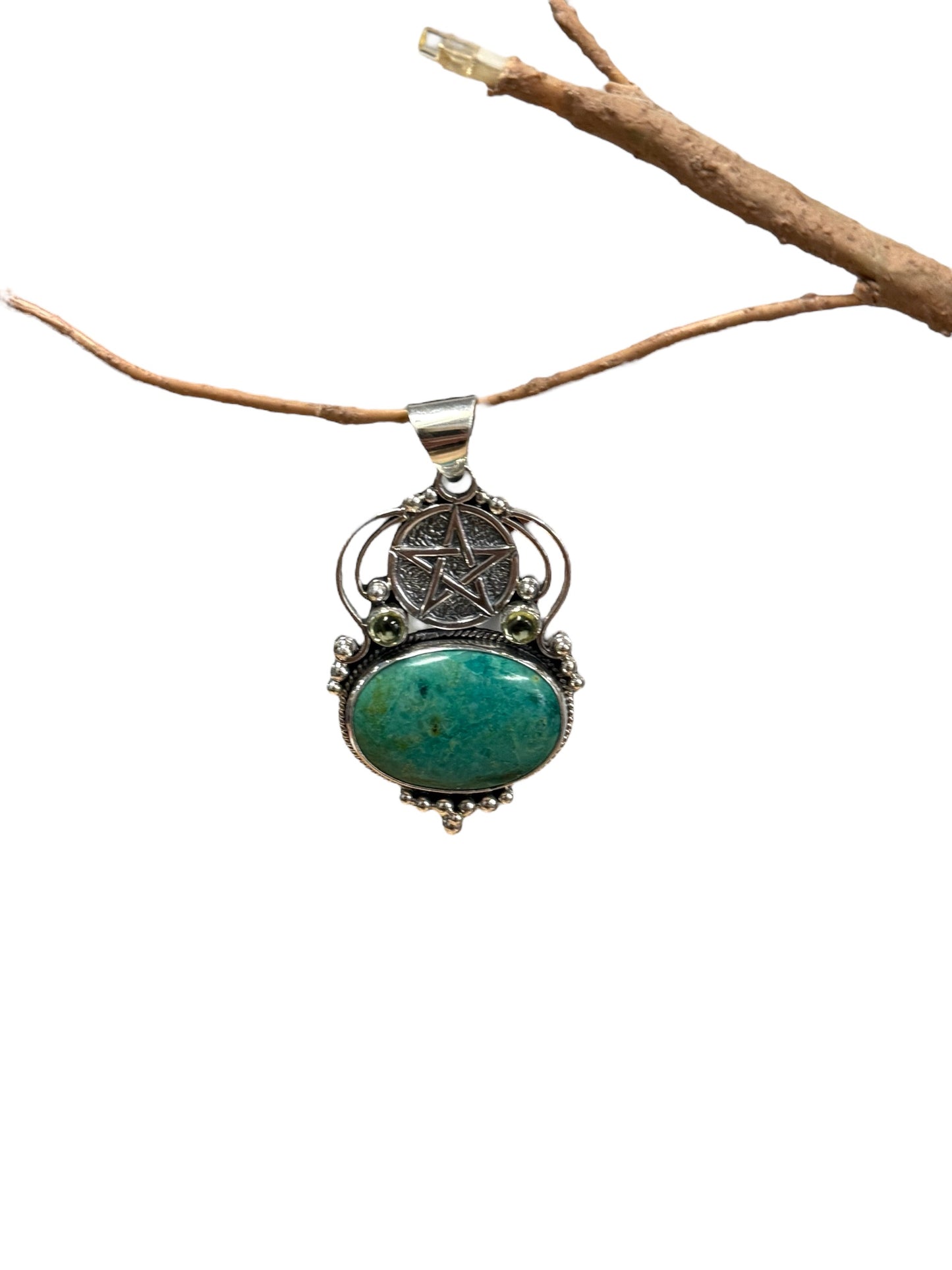 Chrysocolla and Peridot Pentacle Silver Goddess Pendant