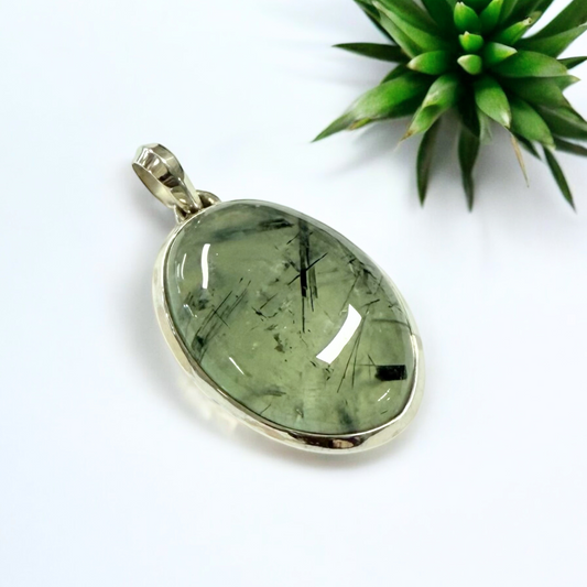 Prehnite Hair Oval Silver Pendant