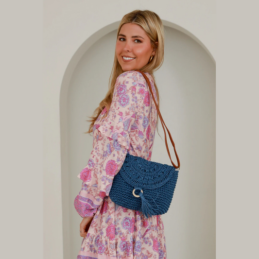 Straw Shoulder Bag Navy