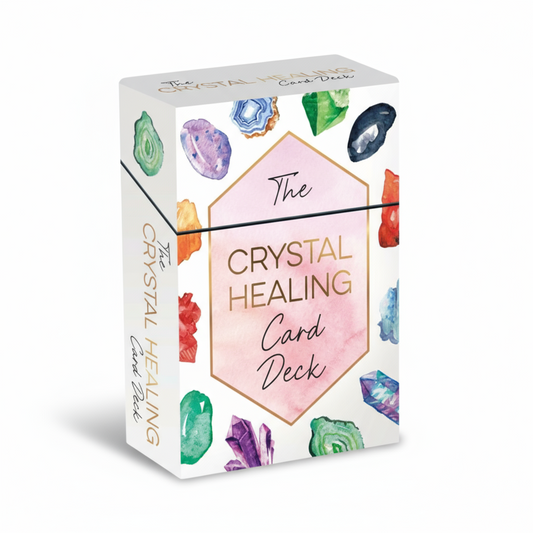 Crystal Healing Card Deck packaging on a textured white background