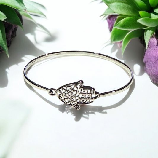Hamsa Hand Protection Bangle in Silver