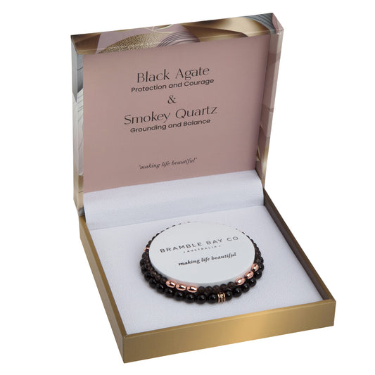 Bracelet-Elegance-No 2 Black Agate and Smokey Quartz (Rose Gold)