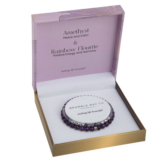 Bracelet-Elegance-No 3 Amethyst and Rainbow Fluorite (Rhodium)