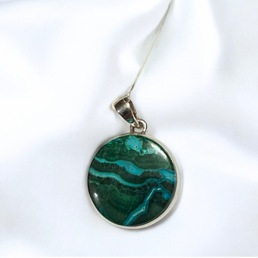 Chrysocolla Round Pendant in Silver