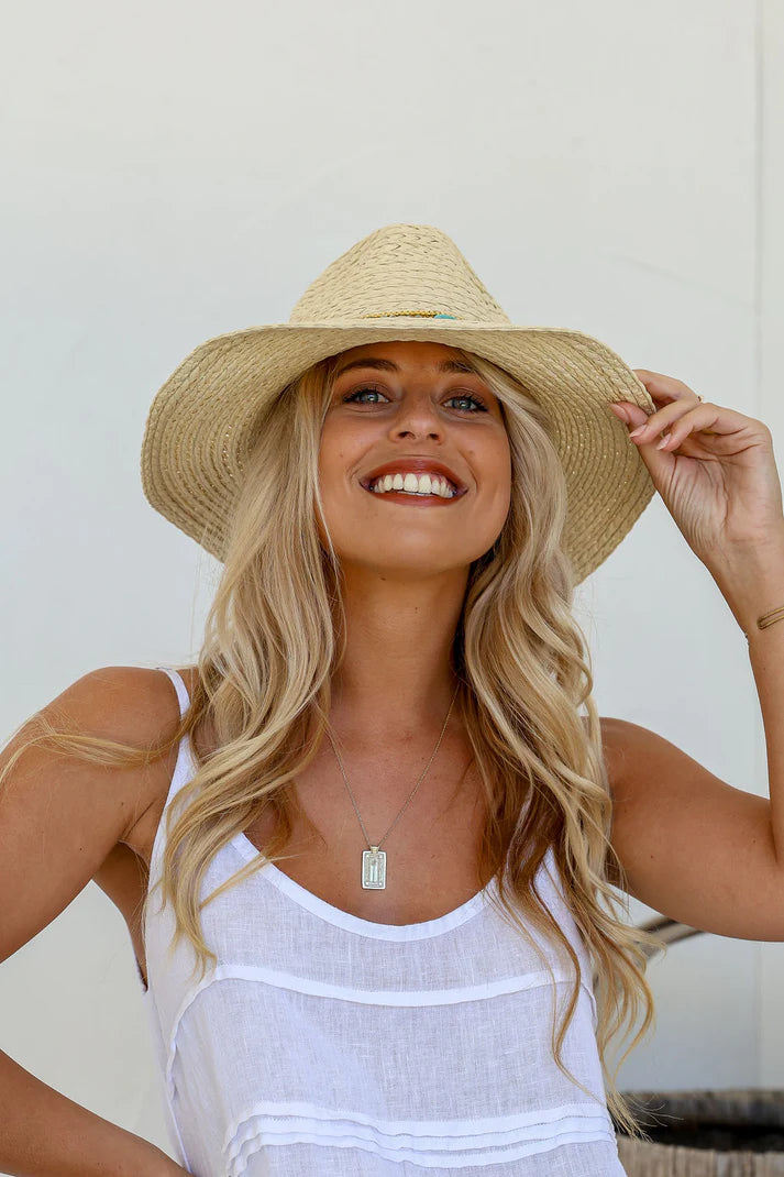 Straw Hat with Turquoise Beads