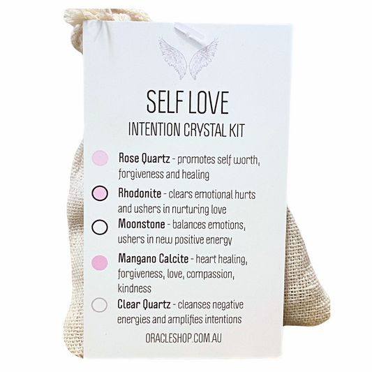 The image shows a crystal intension kit labeled 'Self Love Intention Kit' with various crystals listed like Rose Quartz, Rhodochrosite, Moonstone, and others, along with their properties like forgiveness and healing.
