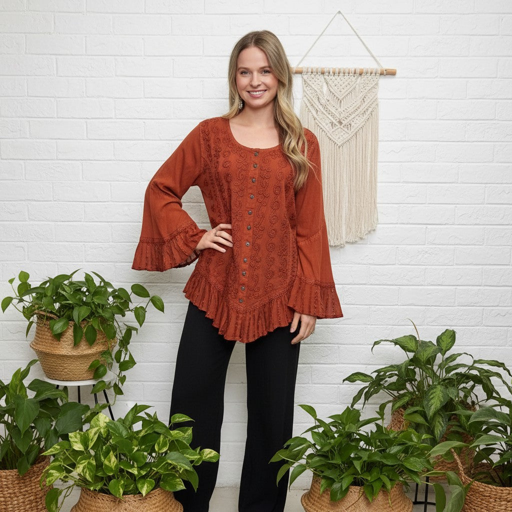 Wild Earth Button up Blouse with Frill Bell Sleeves