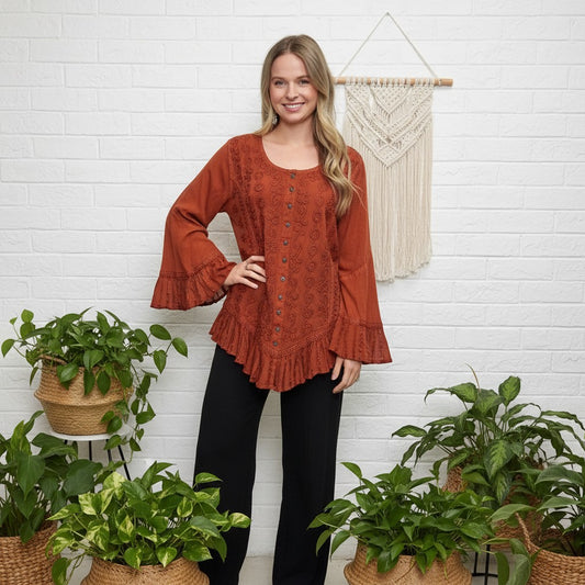 Wild Earth Button up Blouse with Frill Bell Sleeves
