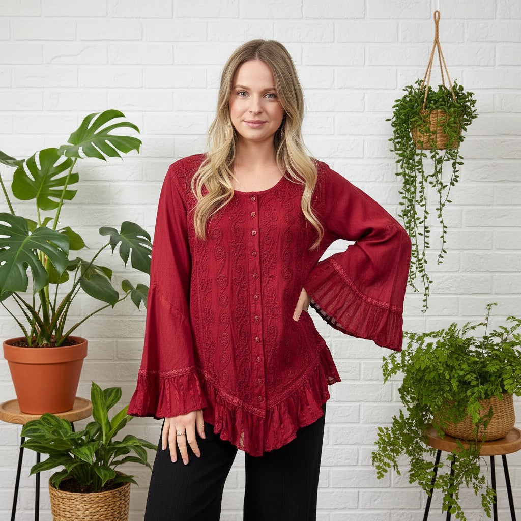 Wild Earth Button up Blouse with Frill Bell Sleeves