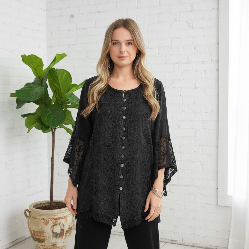 Brianne Stonewash Long Sleeve Blouse - Black