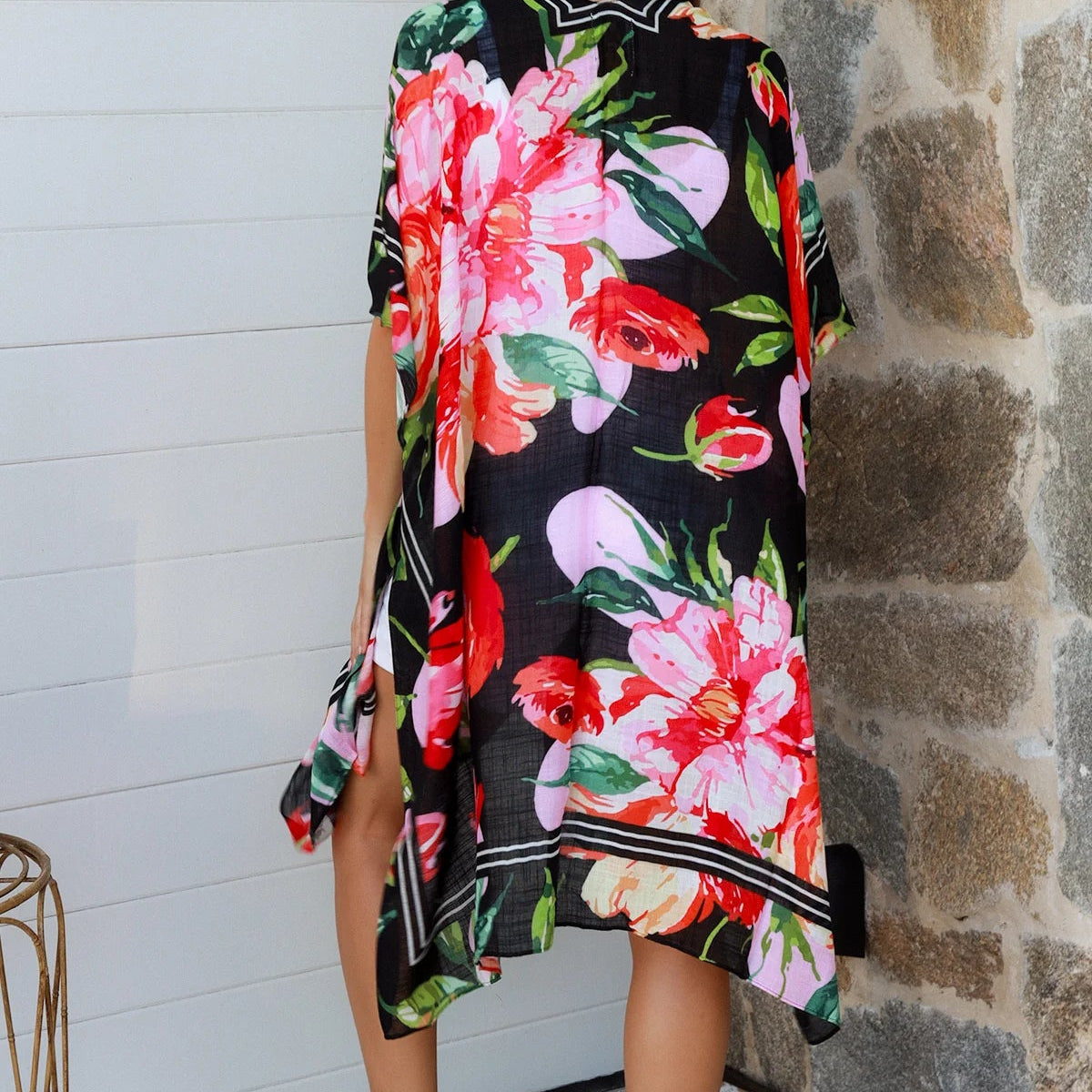 Wrap Top - Black and Red Flower