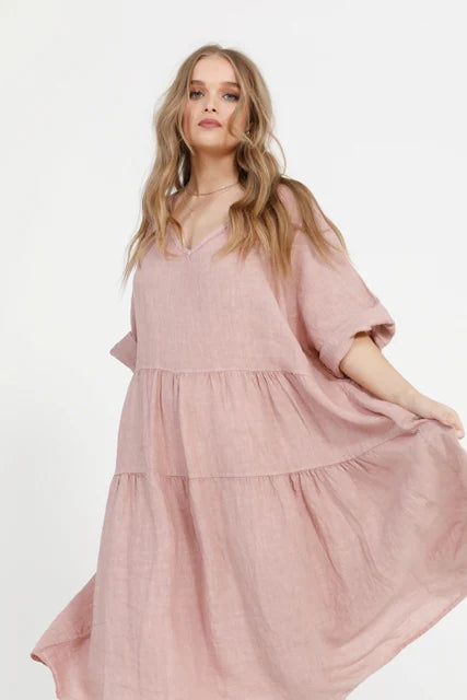 Stella Linen Dress. Dusty Rose