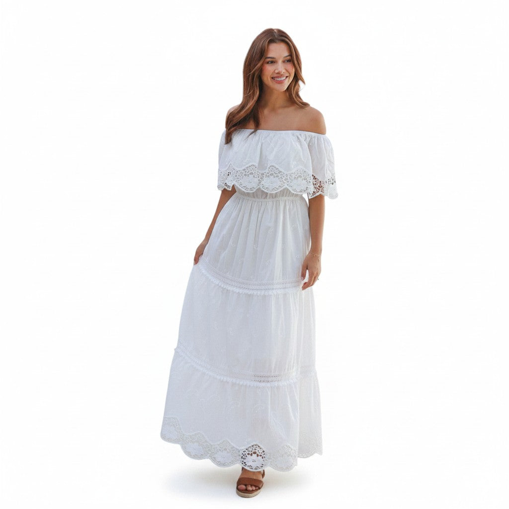 Stevie Midi White Off Shoulder Bohemian Dress