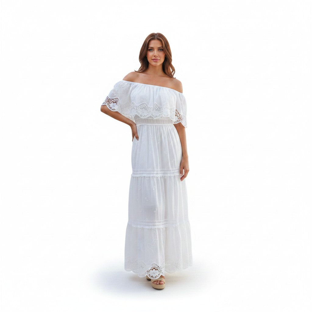 Stevie Midi White Off Shoulder Bohemian Dress
