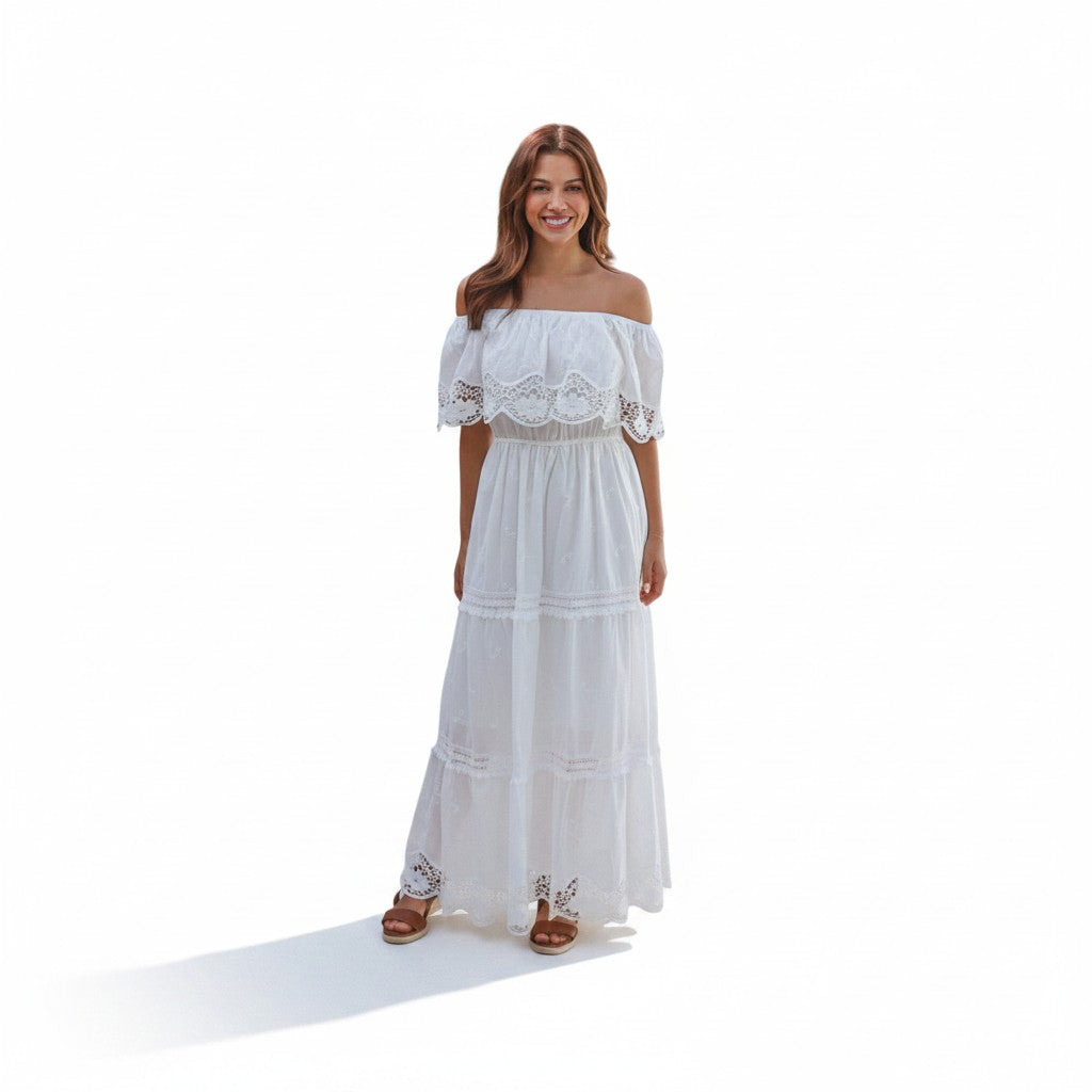 Stevie Midi White Off Shoulder Bohemian Dress