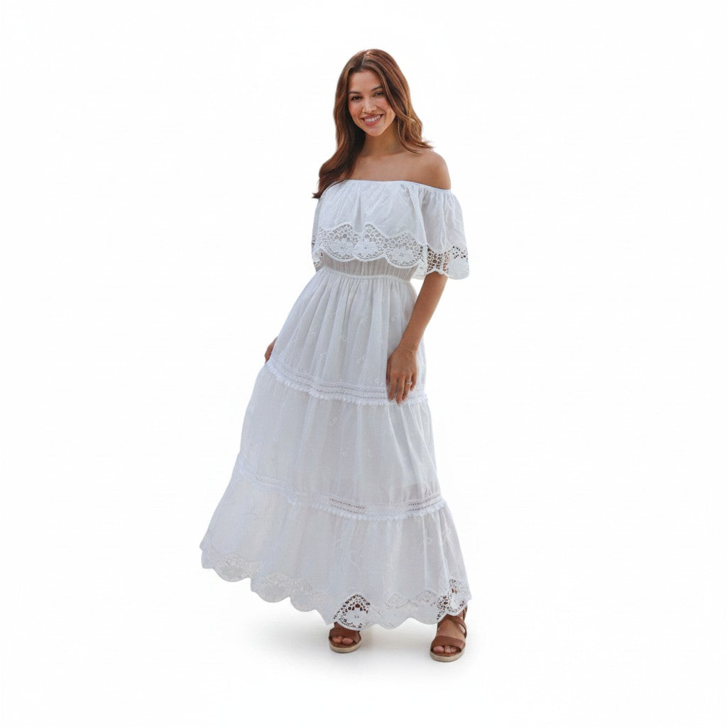 Stevie Midi White Off Shoulder Bohemian Dress