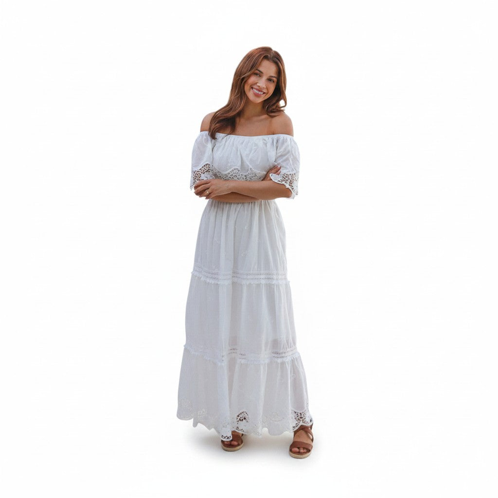 Stevie Midi White Off Shoulder Bohemian Dress