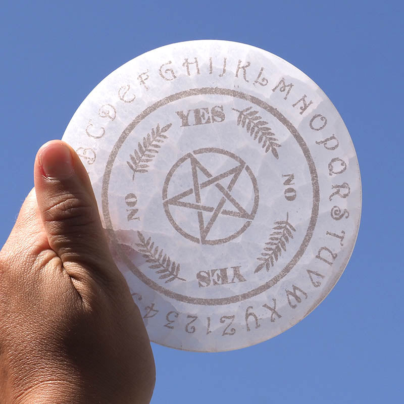 Selenite Pendulum Dowsing Plate ~ Round Engraved