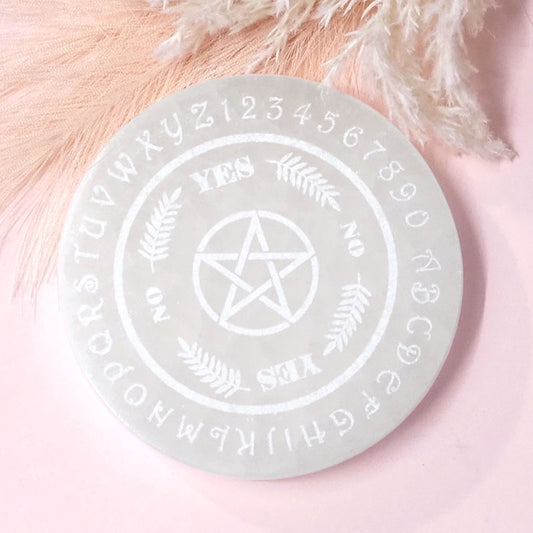 Selenite Pendulum Dowsing Plate ~ Round Engraved