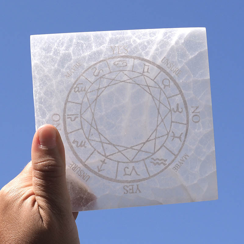 Selenite Pendulum Dowsing Plate ~ Square Engraved