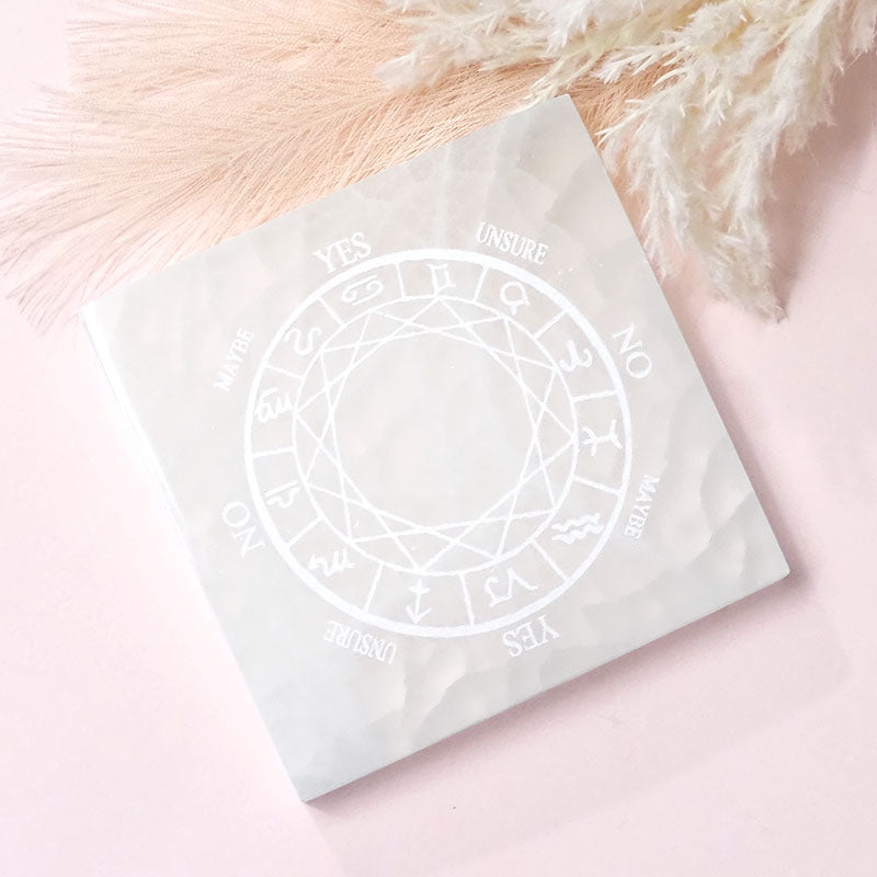 Selenite Pendulum Dowsing Plate ~ Square Engraved