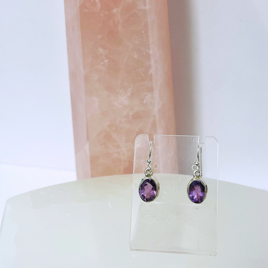 Amethyst Faceted Oval Earrings in Silver