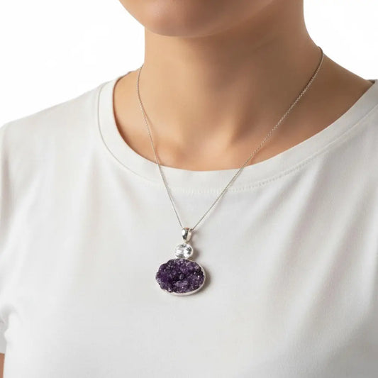 Amethyst Pendant Faceted with Druze Amethyst SS PENDANT