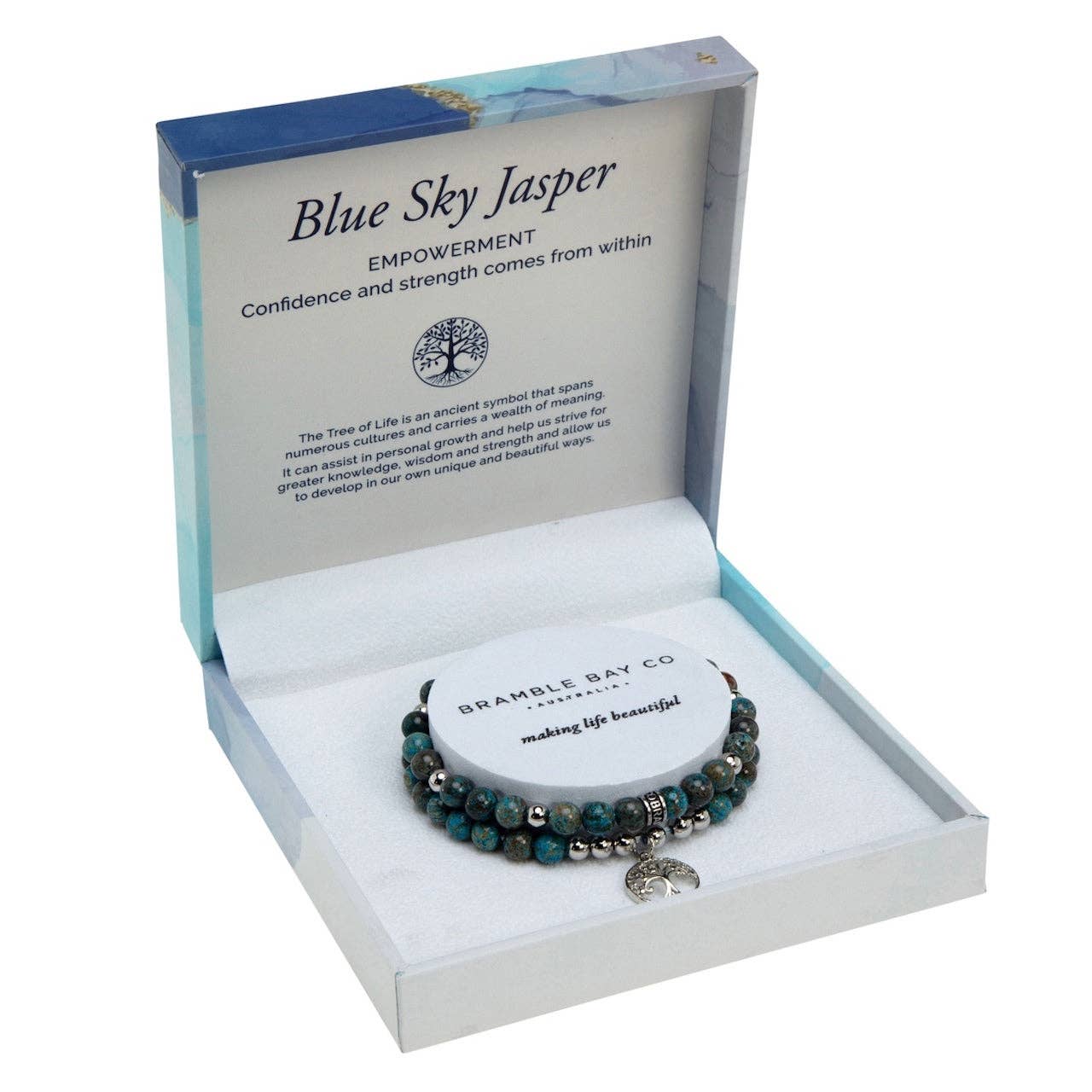 Blue Sky Jasper with Rhodium Plated Tree of Life Charm Duo Bracelet Set